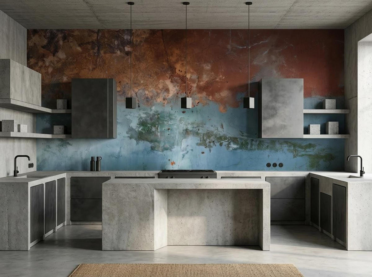 A minimalist kitchen featuring concrete countertops and dark cabinets against a large abstract copper and blue wall mural.