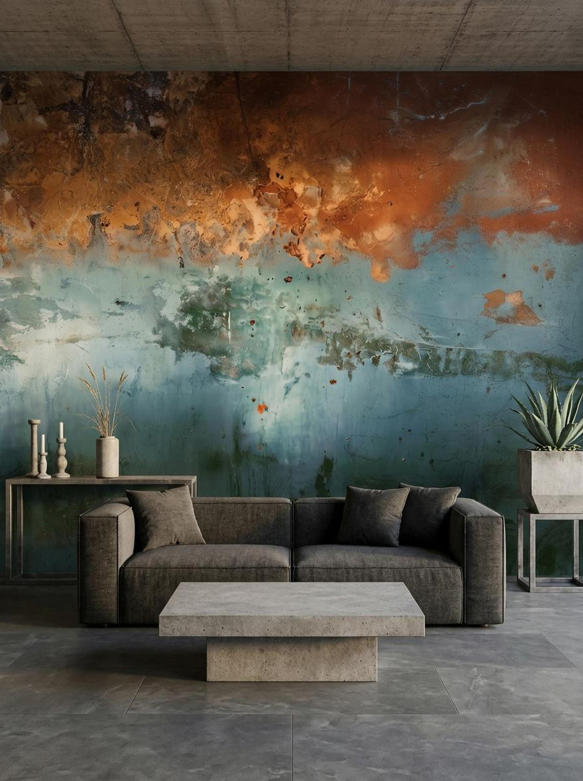 A modern living room featuring a dark grey sofa against a large abstract wall mural with rusty brown and teal weathered texture.