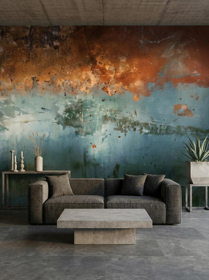 A modern living room featuring a dark grey sofa against a large abstract wall mural with rusty brown and teal weathered texture.
