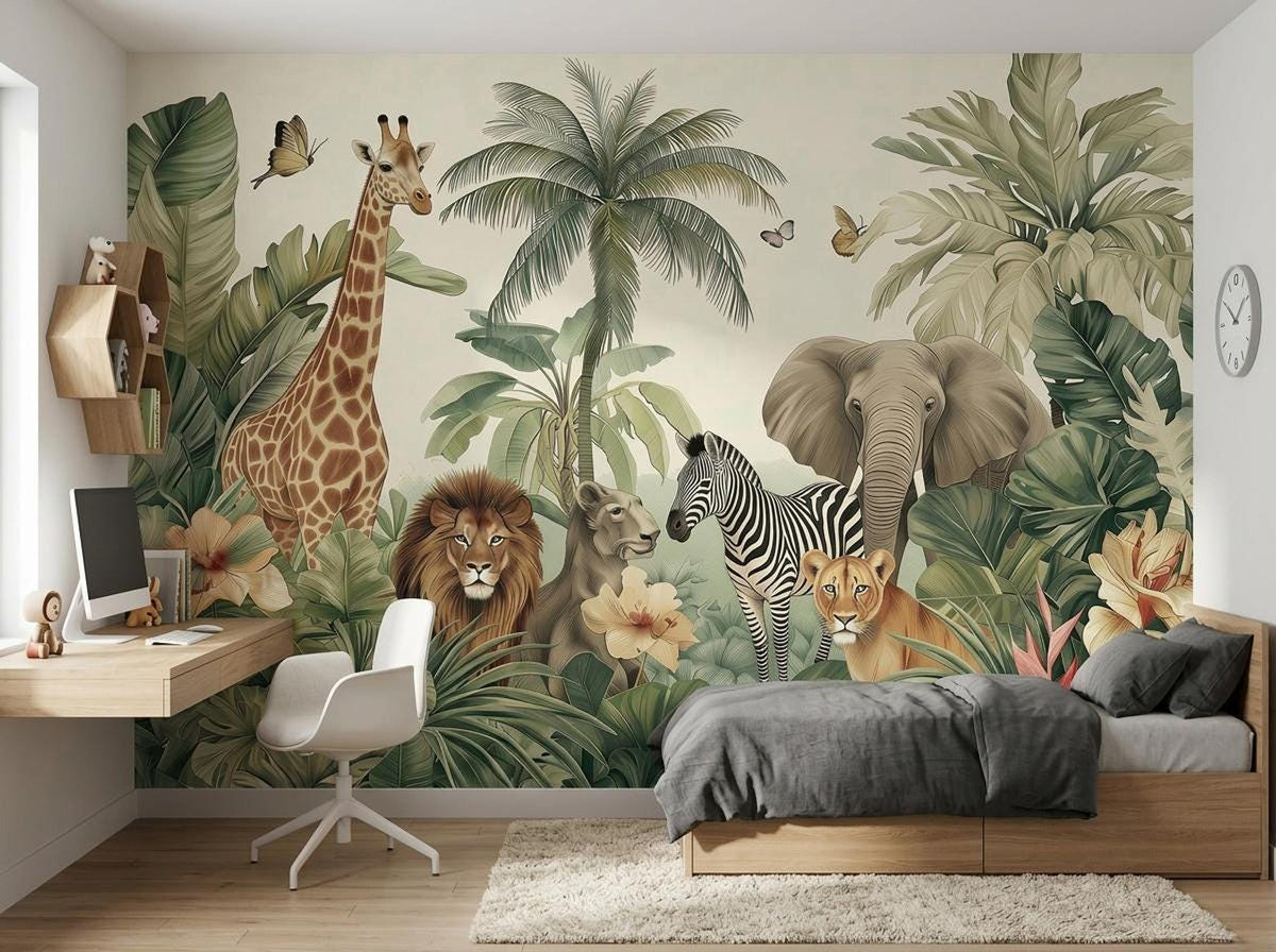 A children's room with a desk, chair, bed, and safari jungle animal wallpaper wall mural.