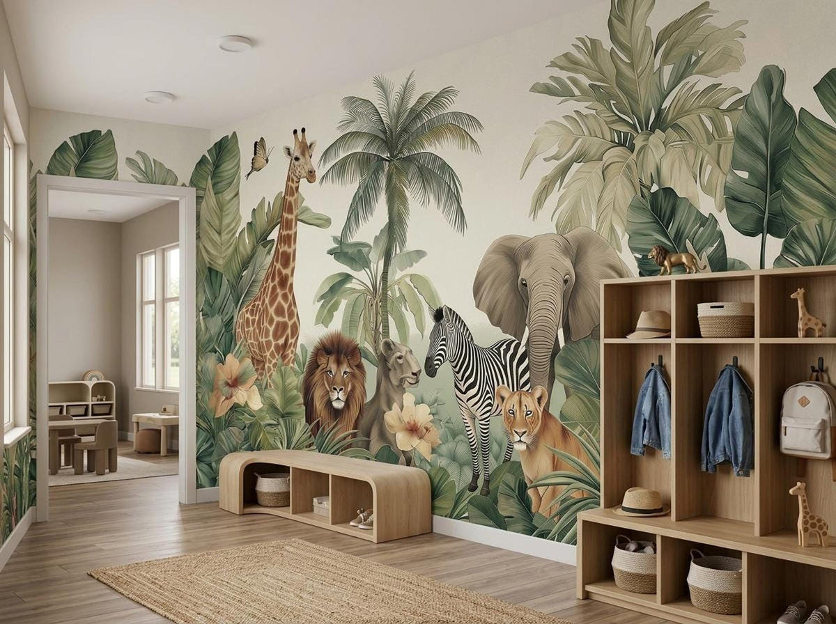 A hallway features safari jungle wallpaper, wooden benches, and open storage cubbies.