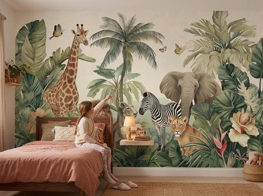 A child in a bedroom with safari jungle wallpaper featuring a giraffe, elephant, zebra, and lion.