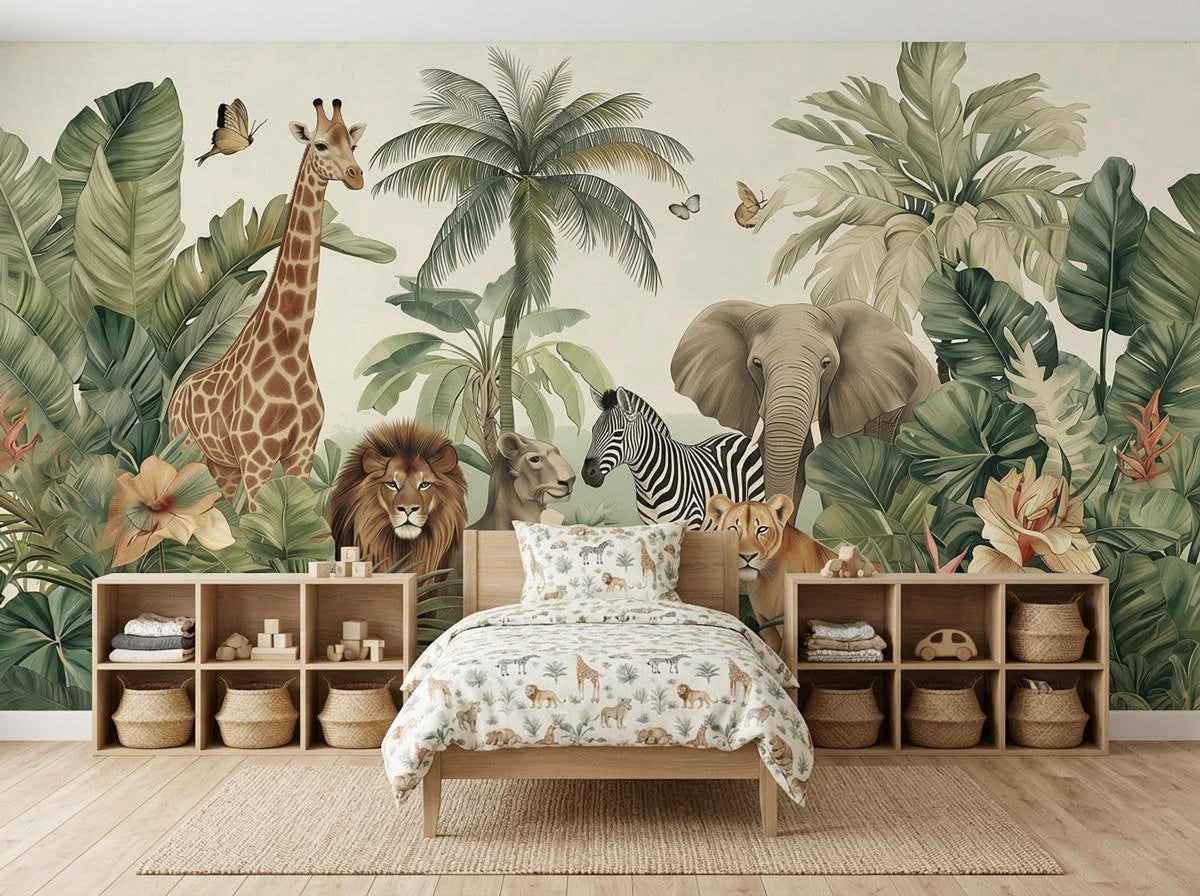 A child's bed with safari pattern bedding against a large jungle animal wallpaper mural.