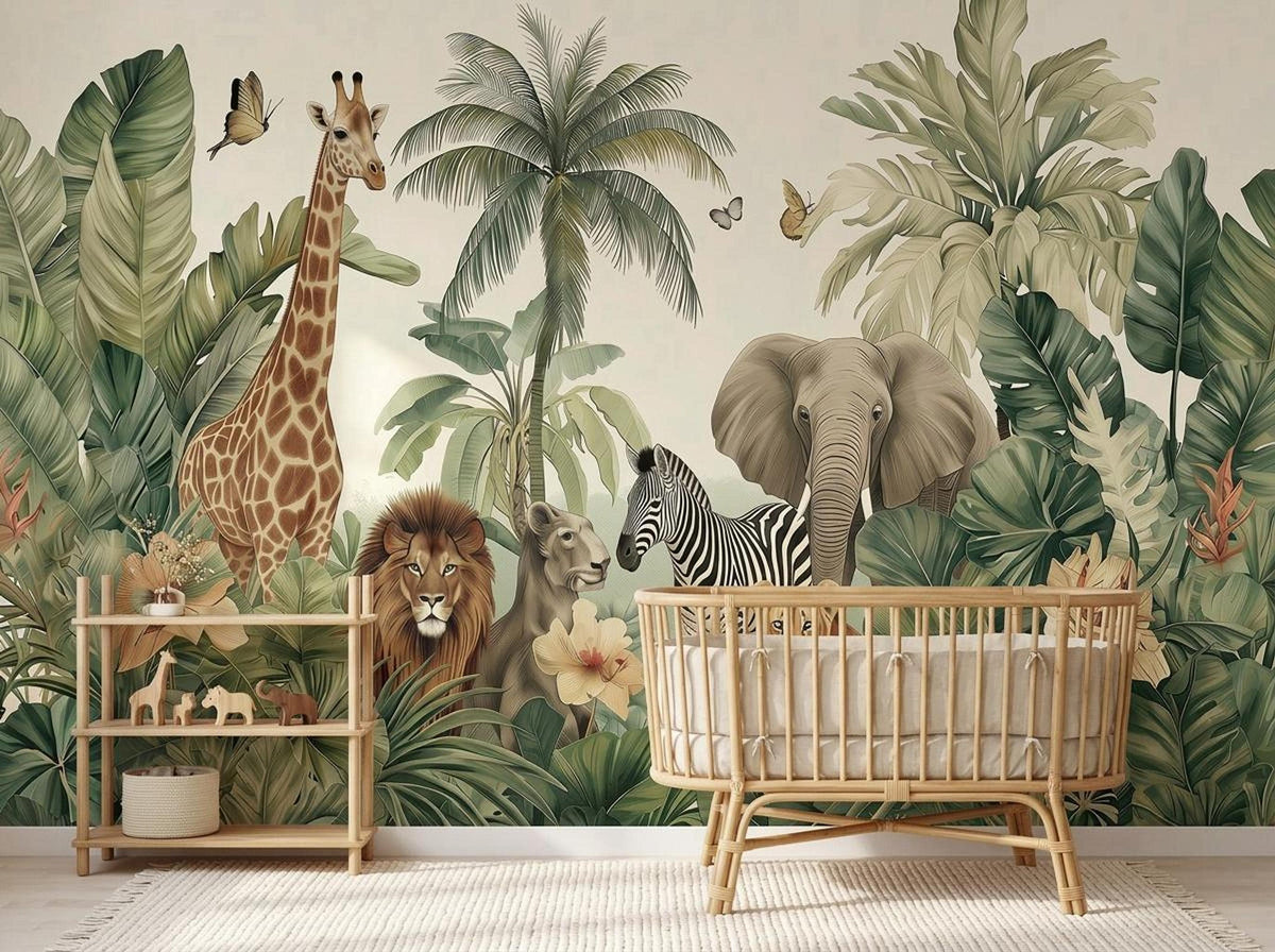 A nursery features safari jungle wallpaper, a wooden crib, and a matching shelving unit.