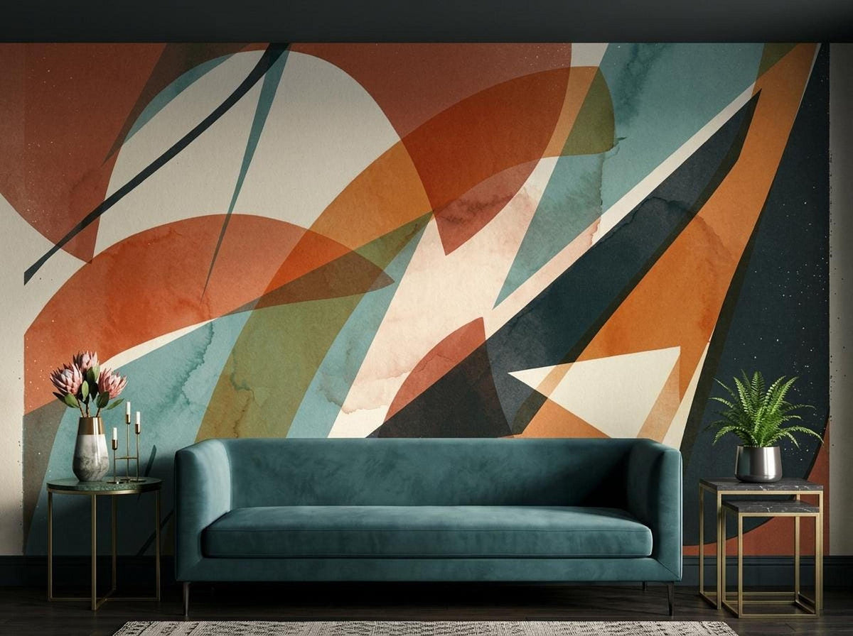 A teal velvet sofa positioned in front of an abstract geometric terracotta wall mural, flanked by small side tables.