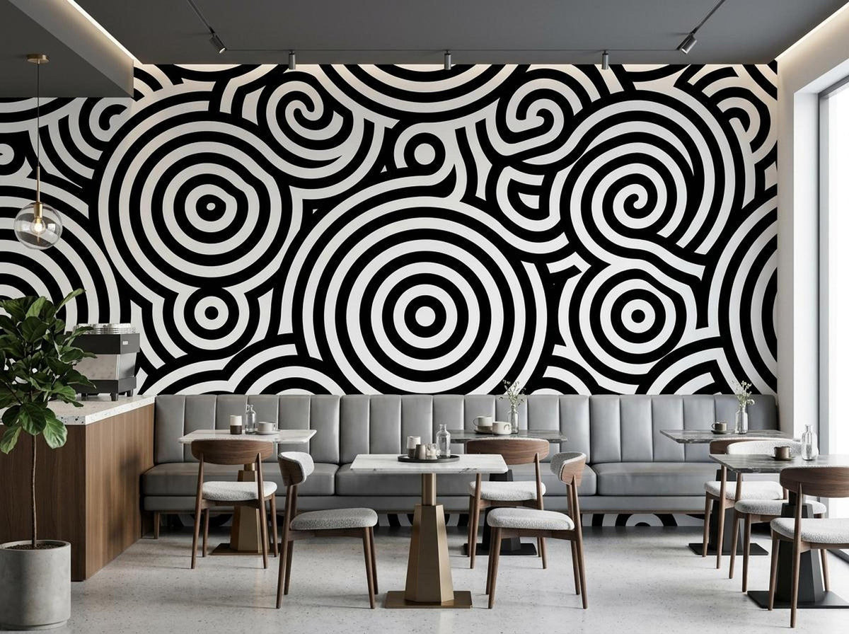 A cafe interior with multiple tables and chairs set against a continuous black and white optical art wallpaper design.
