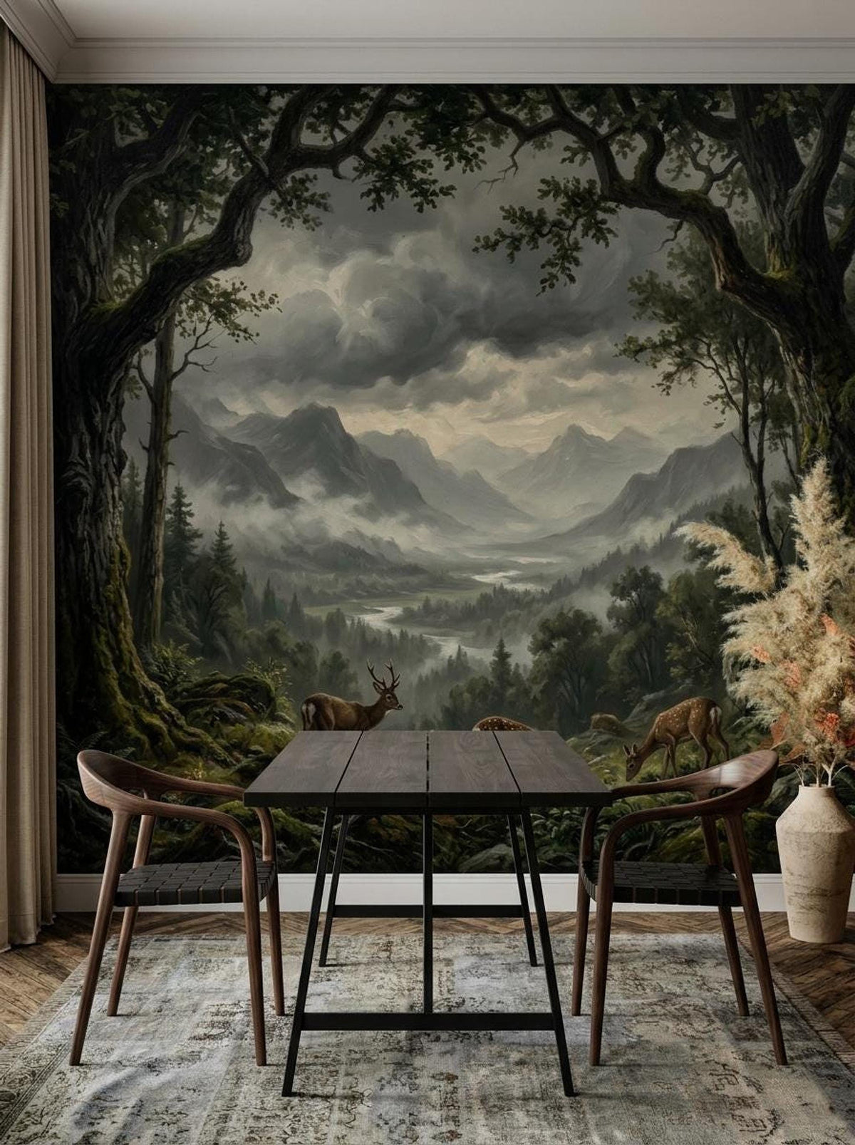An enchanted forest mountain mural wallpaper featuring deer, framed by a dining table and chairs with pampas grass nearby.