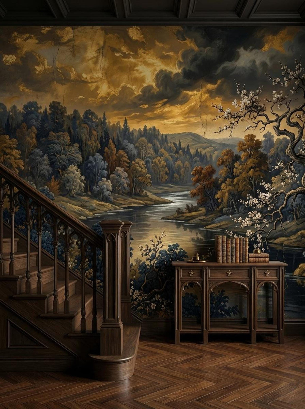 A dark wooden staircase leads down next to a wooden console table displaying books, set against a large vintage river landscape wall mural.
