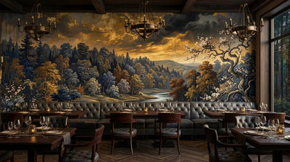 A restaurant interior features rows of dark wood dining tables and a long tufted leather banquette against a scenic river landscape wall mural under three chandeliers.
