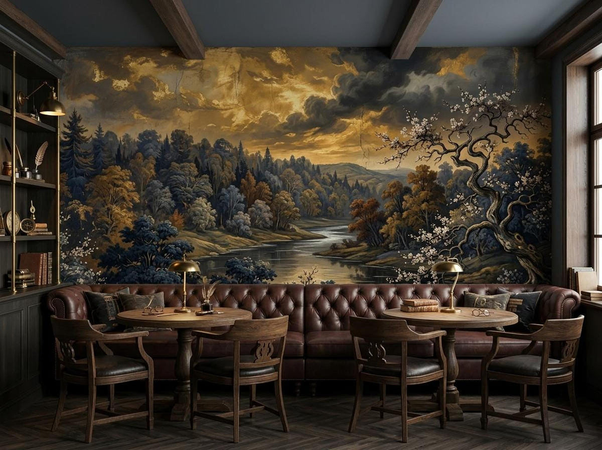 A cozy lounge area has a dark leather tufted sofa and two small round wooden tables set against a dark moody river landscape mural.