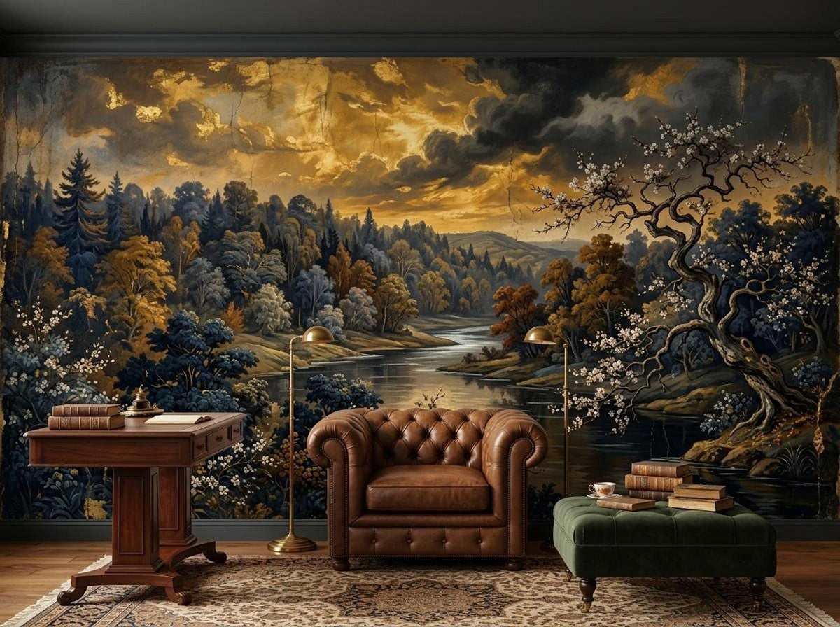 A furnished room features a large wall mural depicting a dark, moody river landscape with dense forests and a golden sky, centered around a brown leather armchair.