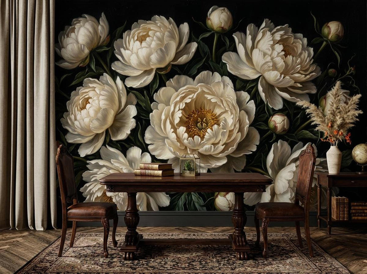 A dark floral wallpaper mural featuring large white peonies behind a wooden dining table flanked by two carved wooden armchairs.