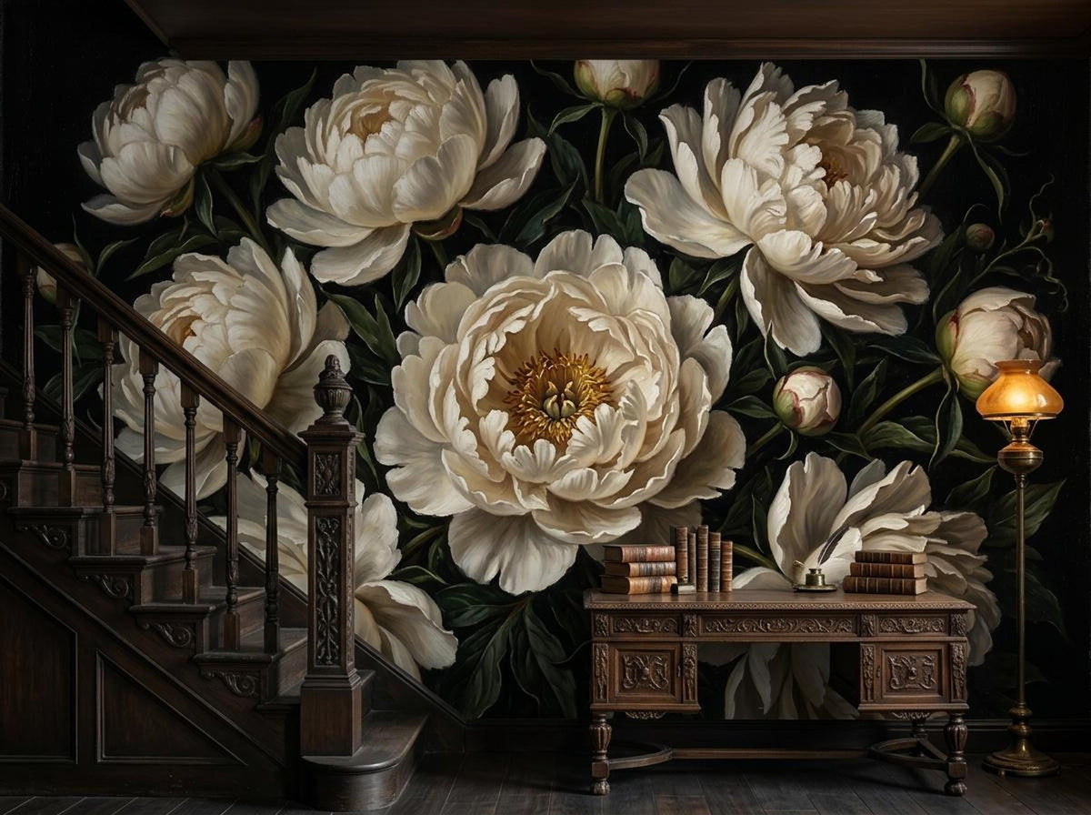 A dark moody wallpaper mural of large white peonies next to a dark wood staircase and an antique wooden desk.