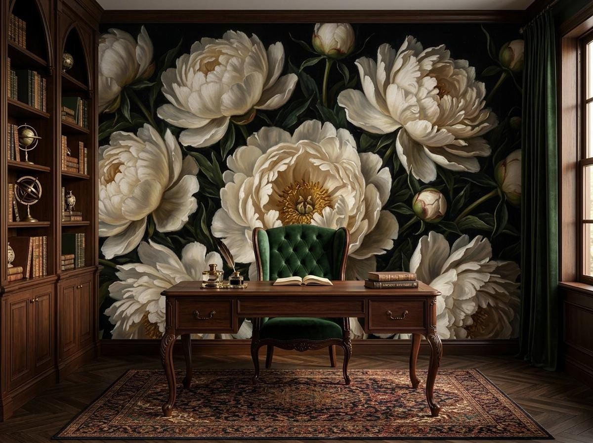 A dark floral wall mural with large white peonies serves as a backdrop in a home office featuring a wooden desk and a green velvet chair.