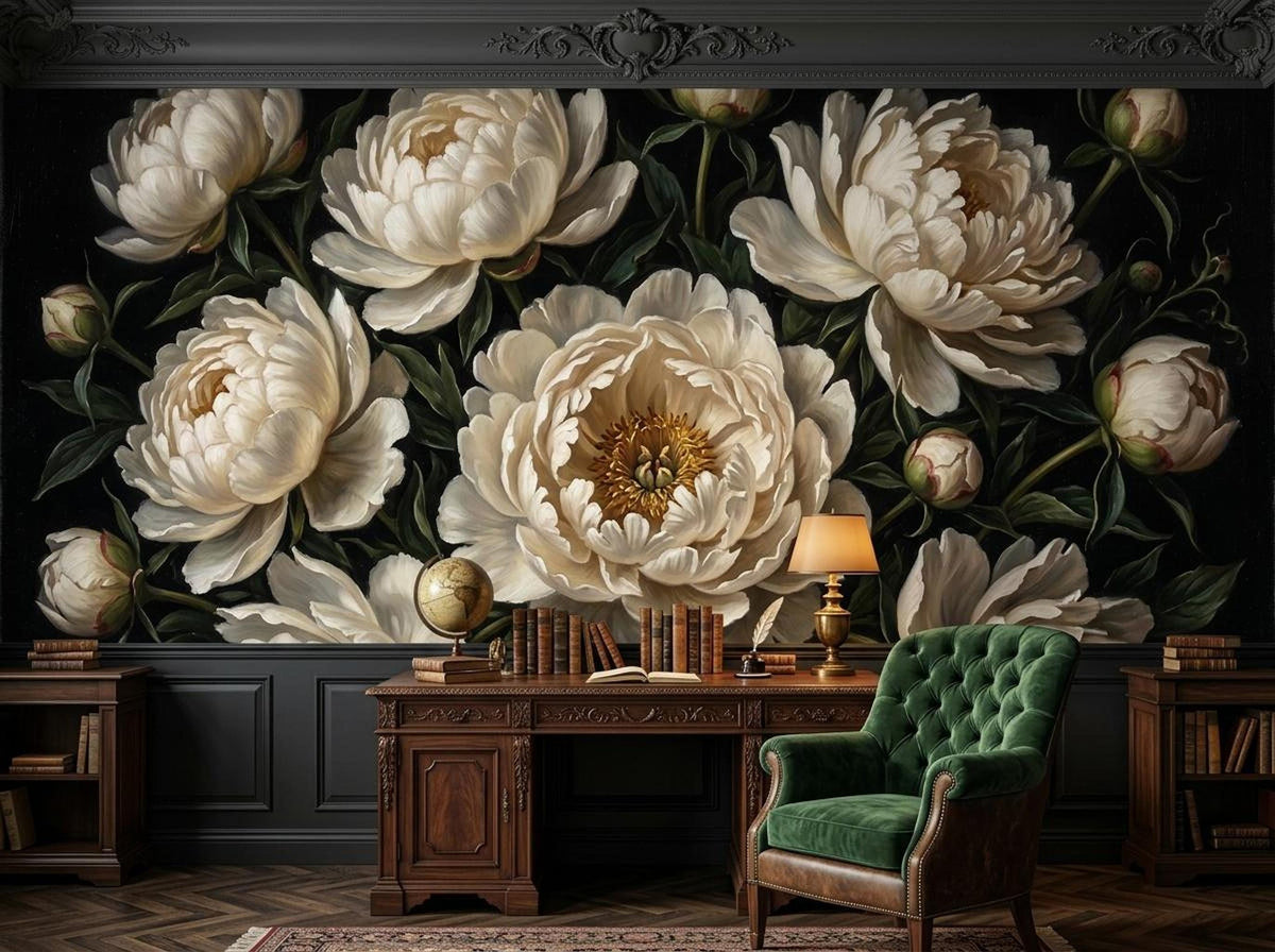 A dark botanical wallpaper mural with large white peonies behind a wooden office desk, green tufted armchair, and black wainscoting.