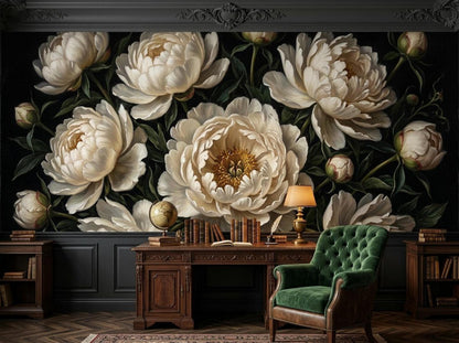 A dark botanical wallpaper mural with large white peonies behind a wooden office desk, green tufted armchair, and black wainscoting.