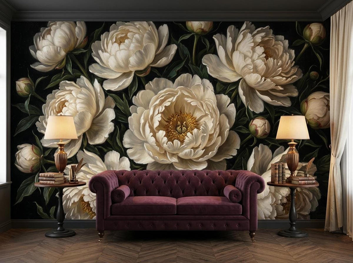 A dark moody wallpaper mural with large white peonies behind a deep burgundy velvet tufted sofa and two small matching side tables.