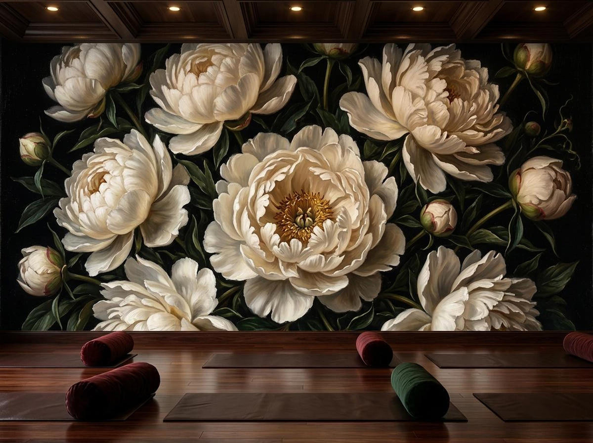 A dark floral wall mural of white peonies in a yoga studio with wooden flooring, yoga mats, and rolled bolsters.