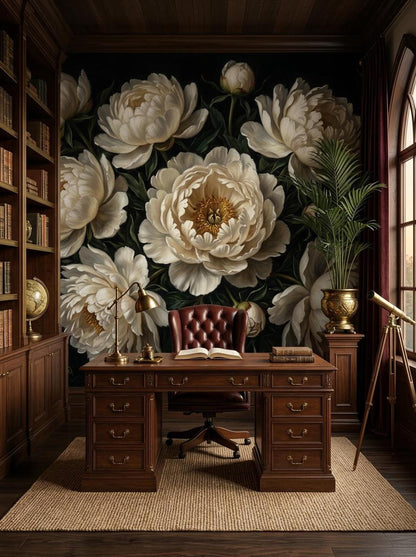 A dark wallpaper mural of large white peonies behind a wooden executive desk, leather chair, and a globe stand in a traditional study.