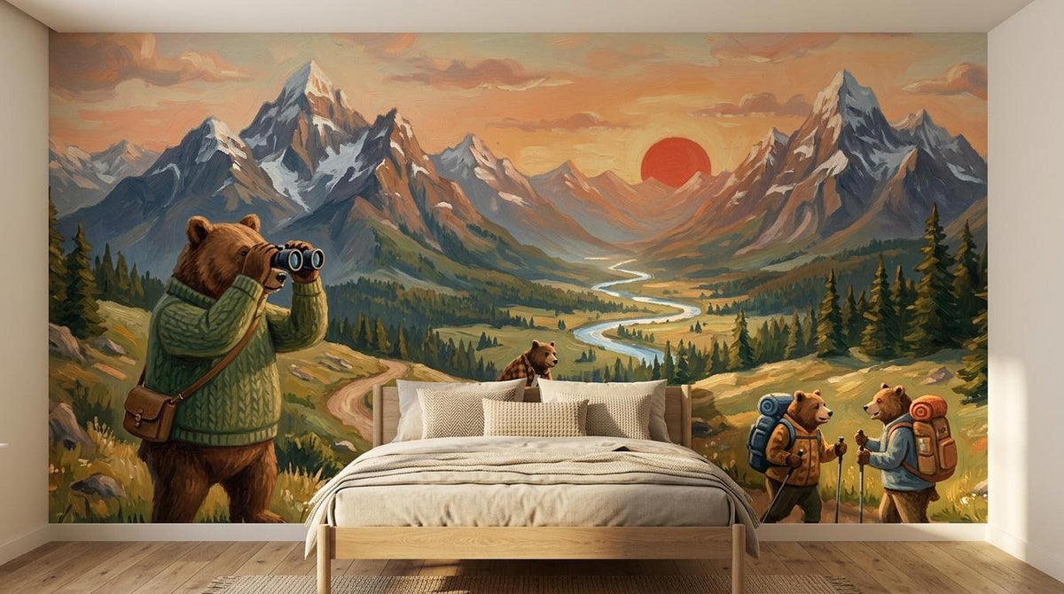 A bedroom featuring a large wall mural of a sunset mountain landscape with bears, centered behind a made bed.