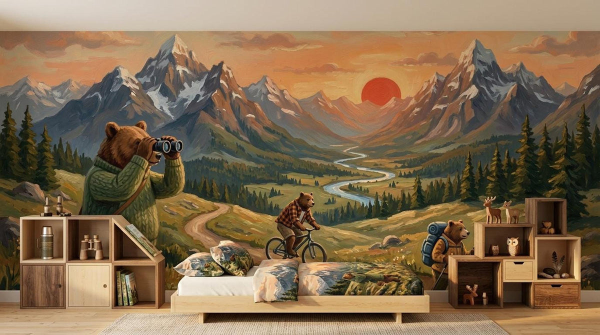 A bedroom featuring an illustrated mountain mural with bears, a low-frame bed, and wooden shelving units.