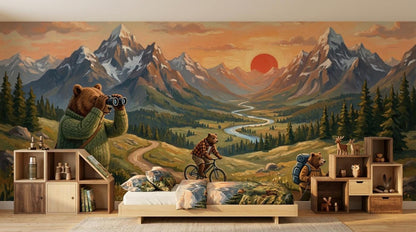 A bedroom featuring an illustrated mountain mural with bears, a low-frame bed, and wooden shelving units.