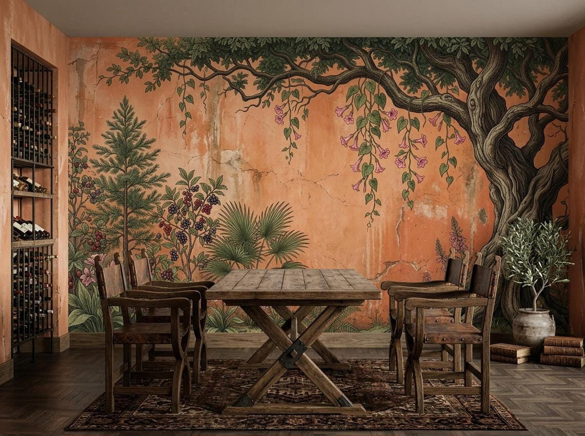 A rustic wooden dining table and matching chairs are set on a rug in front of a terracotta botanical garden wall mural.