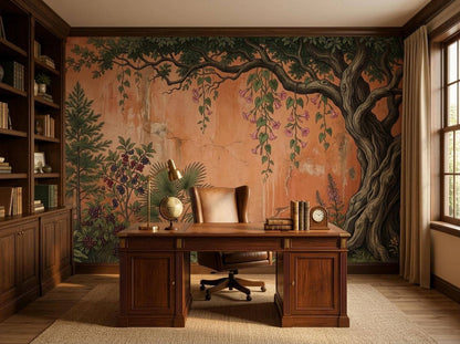 A home office features a wooden desk and leather chair set against a terracotta vintage botanical wall mural.
