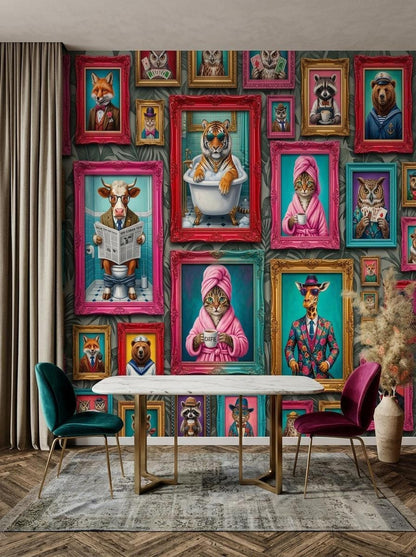 A dining table with one teal chair and one purple velvet chair is centered in front of a whimsical animal wallpaper.