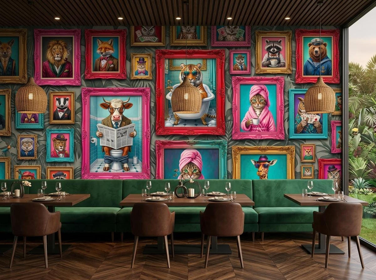A restaurant booth seating area with wooden tables and pendant lights beneath a whimsical animal gallery wall.