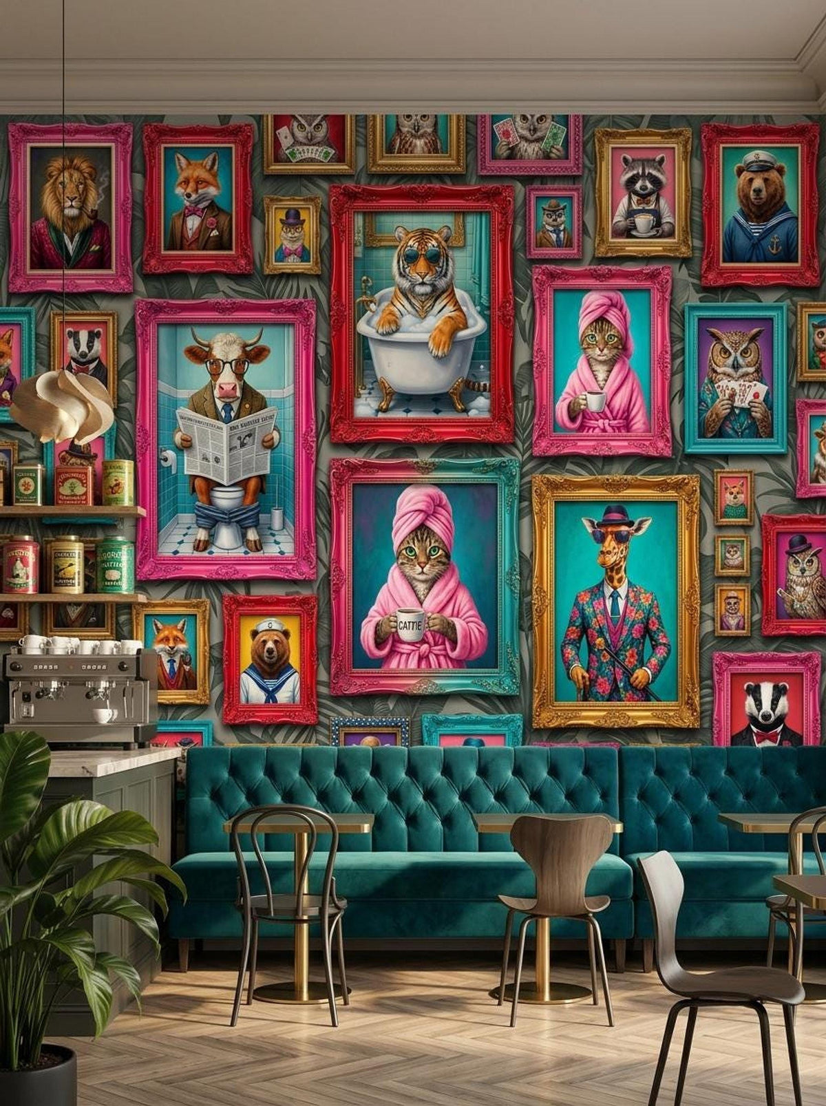 Cafe seating with teal tufted benches is set against a dark wall covered in whimsical animal portraits.