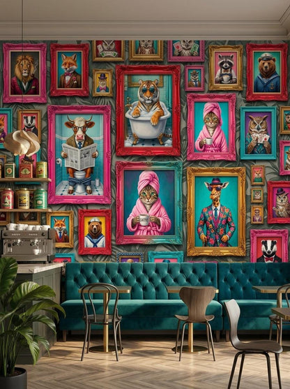 Cafe seating with teal tufted benches is set against a dark wall covered in whimsical animal portraits.