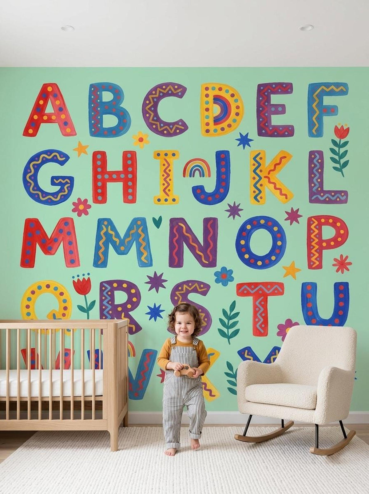 A child stands smiling in front of a mint green nursery wall covered in colorful folk art alphabet letters and floral motifs.