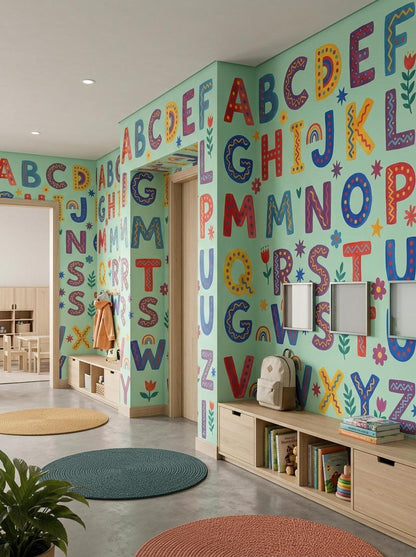 A wide hallway and playroom area feature mint green walls covered in colorful folk art alphabet murals and low wooden storage benches.