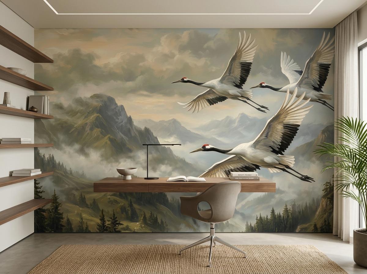 A home office setup with a desk and chair positioned in front of a painted mountain and crane mural.