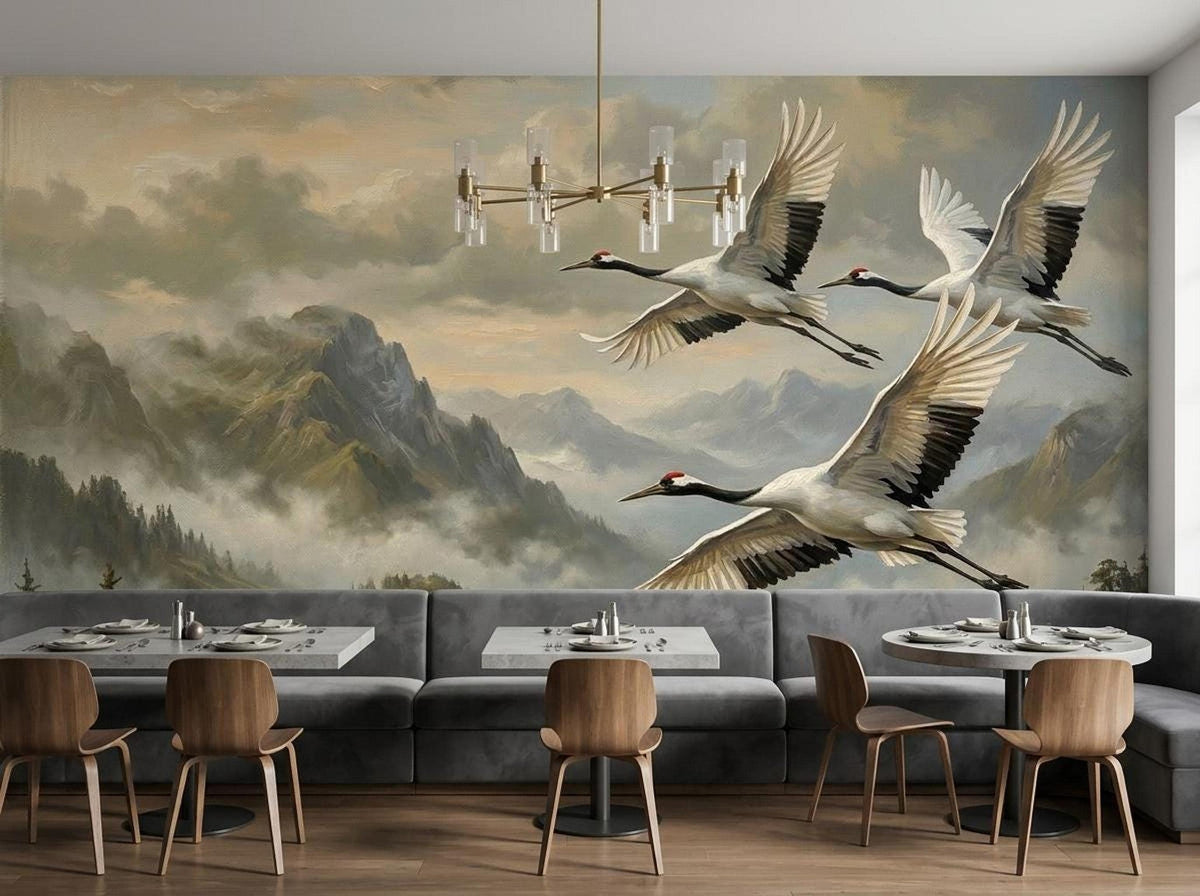 A restaurant seating area with gray booths and tables in front of a wallpaper mural depicting cranes flying over mountains.