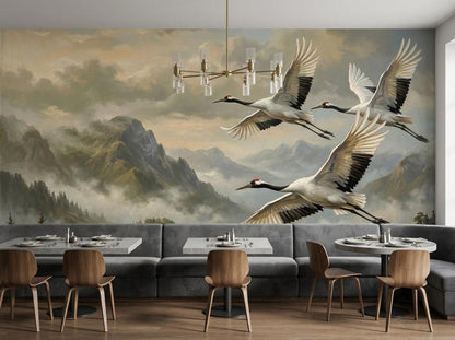 A restaurant seating area with gray booths and tables in front of a wallpaper mural depicting cranes flying over mountains.