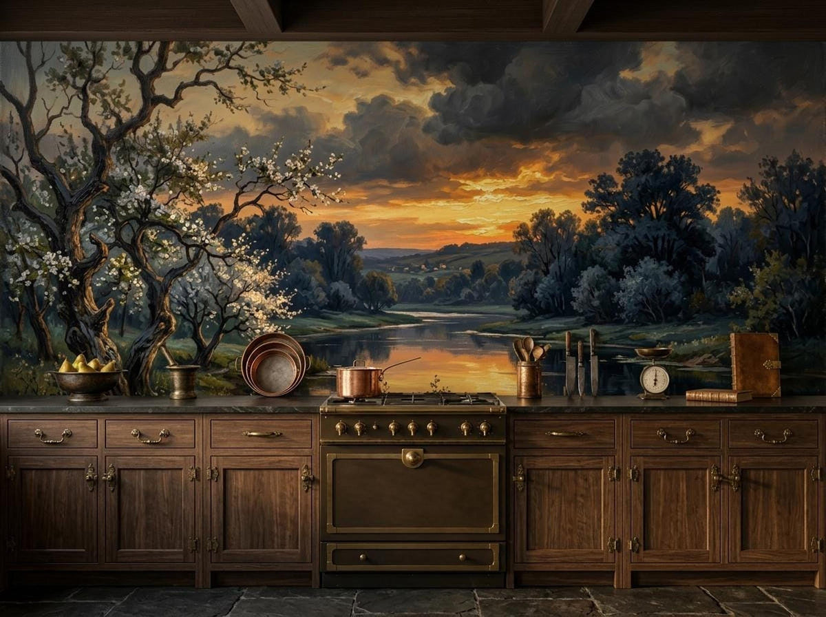 A rustic kitchen features dark wood cabinetry and a golden stove set against a moody river landscape wall mural under a dramatic sunset sky.