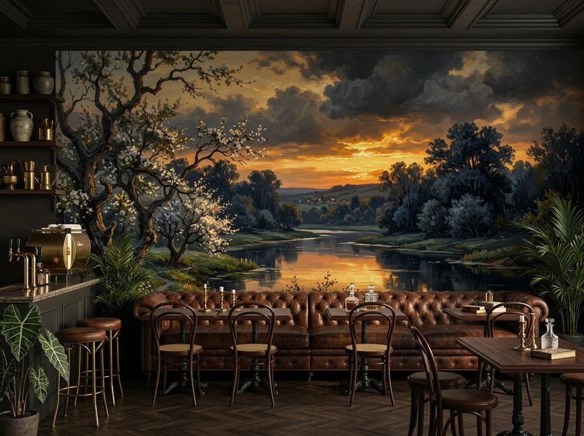 A restaurant or lounge interior with dark wood paneling features a large landscape mural of a river at sunset and tufted brown leather booth seating.