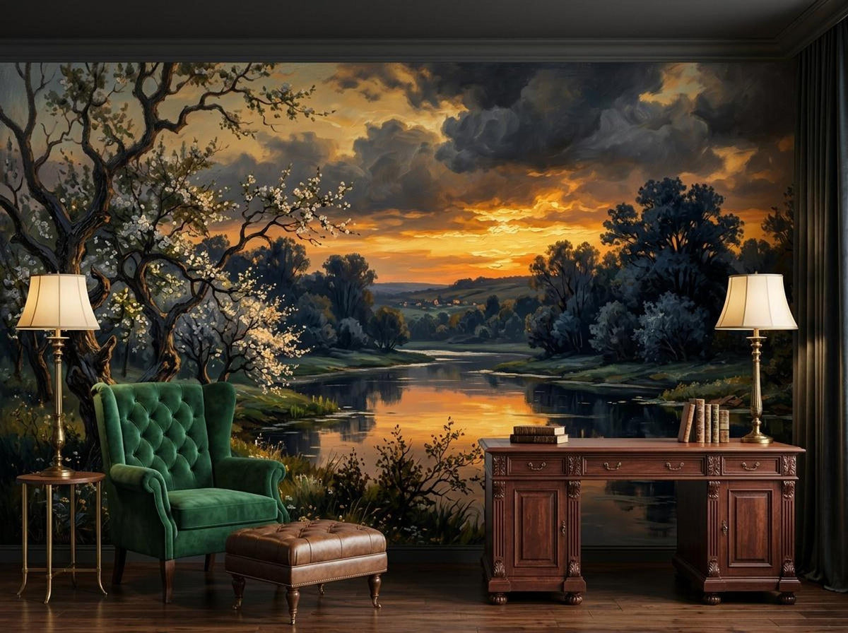 A cozy study features a green velvet armchair, a matching ottoman, a wooden desk, and two lamps against a dramatic sunset river wall mural.