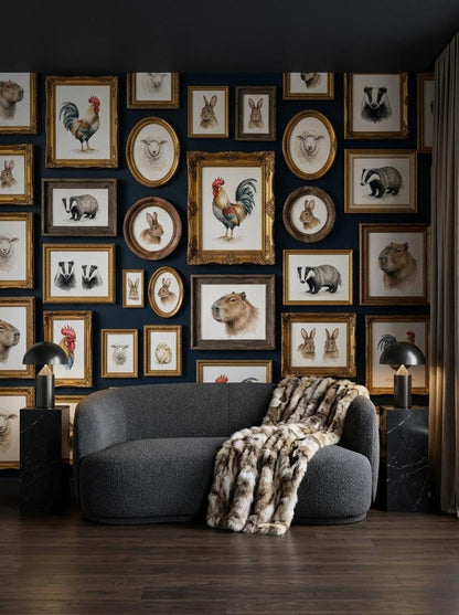 A cozy room showcases a dark blue wall filled with framed animal artwork, positioned behind a dark gray textured sofa draped with a fuzzy throw blanket.