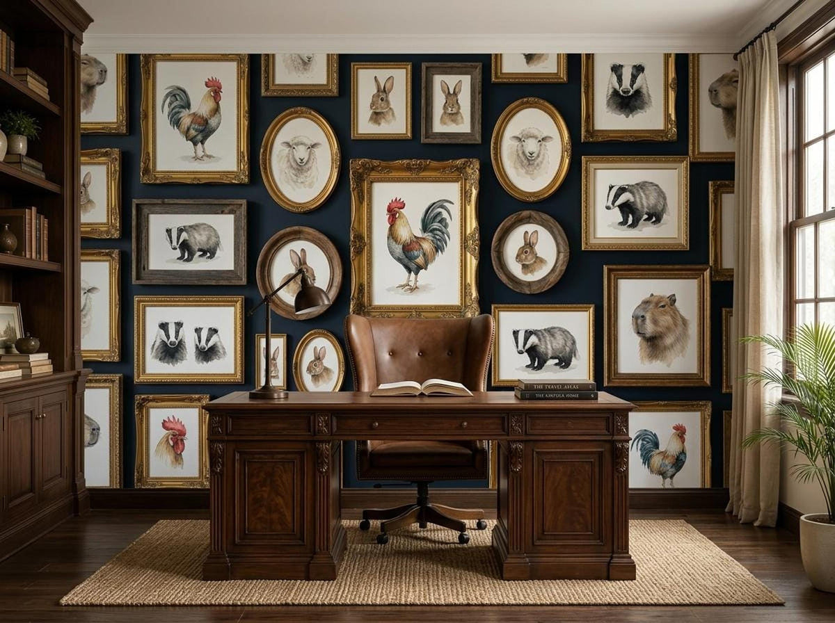 A home office features a dark wooden executive desk and chair centered against a dark blue wall covered with framed vintage animal prints.
