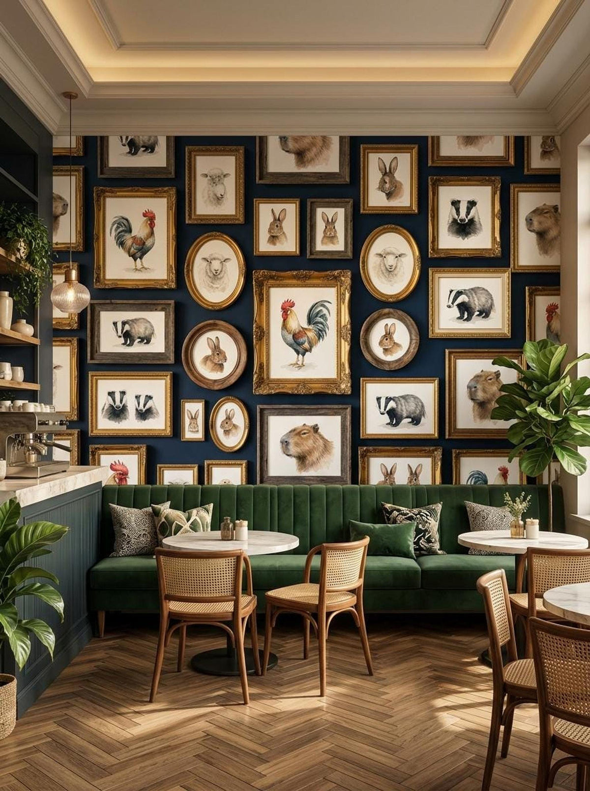 A brightly lit cafe interior displays a dark blue wall with a gallery of framed animal prints above a long green tufted banquette and wooden chairs.