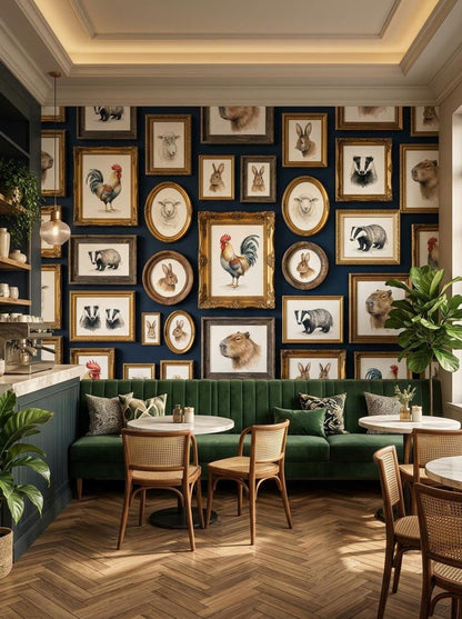 A brightly lit cafe interior displays a dark blue wall with a gallery of framed animal prints above a long green tufted banquette and wooden chairs.