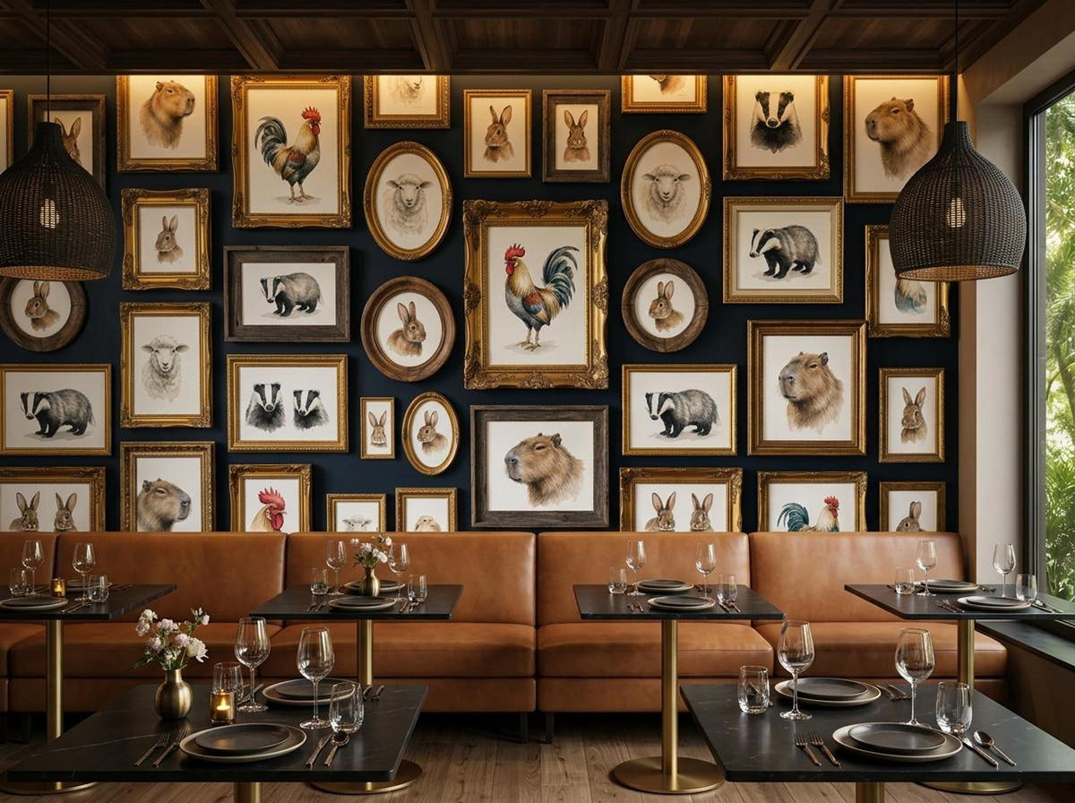 A restaurant interior features a dark blue wall covered in framed vintage animal illustrations above a long tan leather booth seating arrangement.