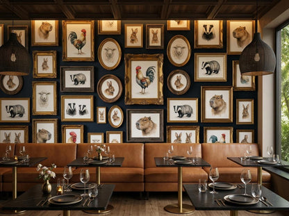 A restaurant interior features a dark blue wall covered in framed vintage animal illustrations above a long tan leather booth seating arrangement.