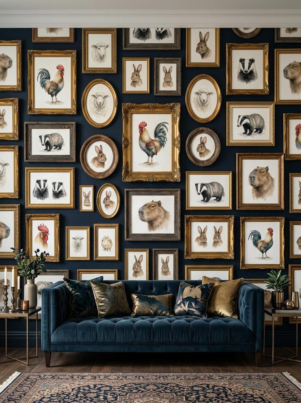 A living room features a dark blue wall displaying a gallery of framed vintage animal portraits behind a deep blue tufted velvet sofa.