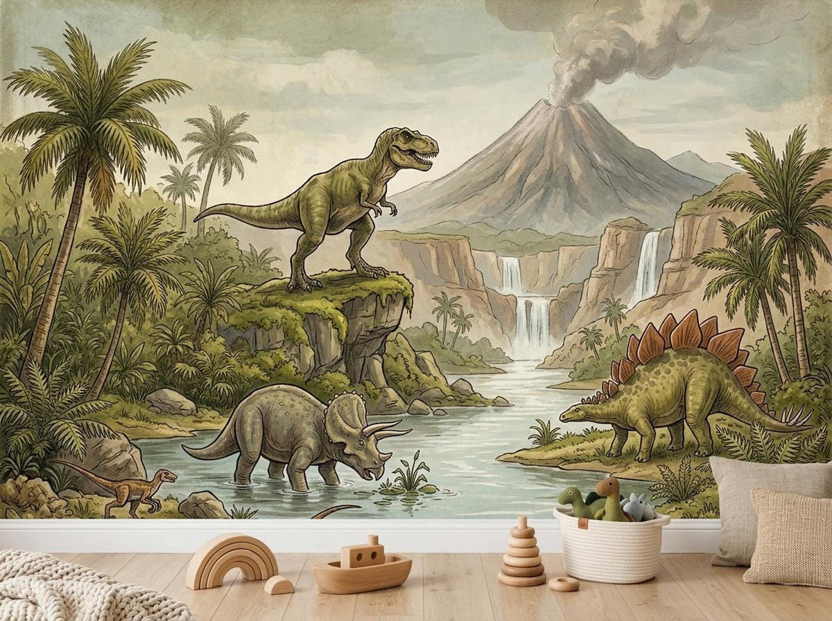 A hand-drawn prehistoric landscape wallpaper covers a nursery wall, featuring a T-Rex, Triceratops, Stegosaurus, palm trees, and an erupting volcano.