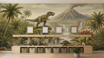 A wall mural of a prehistoric landscape with dinosaurs is displayed above a low wooden storage unit and four picture frames.