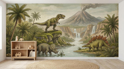 A close-up view of the prehistoric dinosaur wallpaper showing a T-Rex on a cliff, a Triceratops in a river, and a smoking volcano in the background.